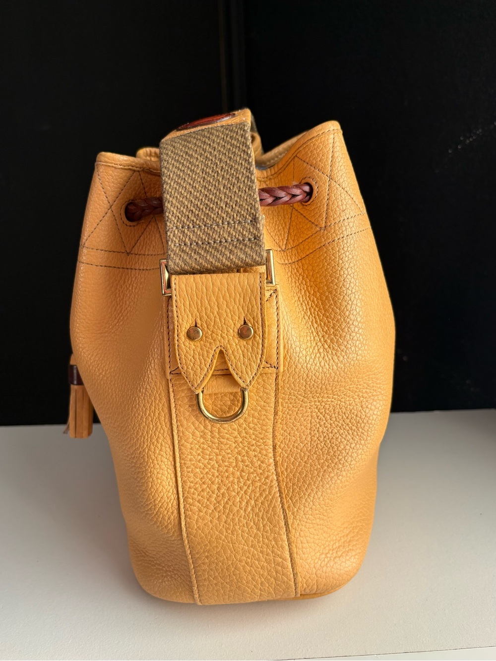 Dooney & Bourke awl Yellow Leather Webster twill strap Drawstring Bucket Bag - Picture 15 of 16
